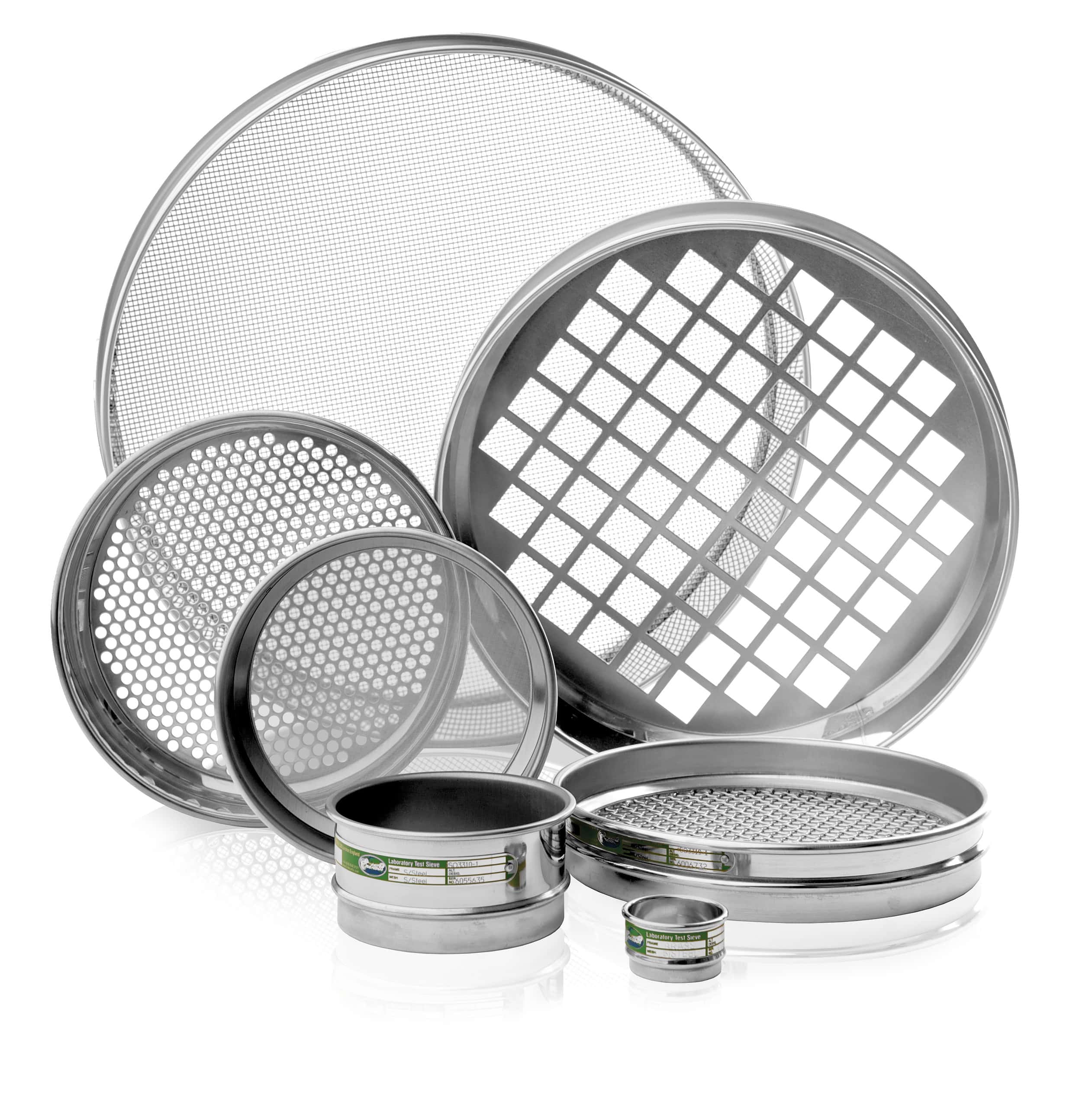 Stack of Endecotts laboratory test sieves