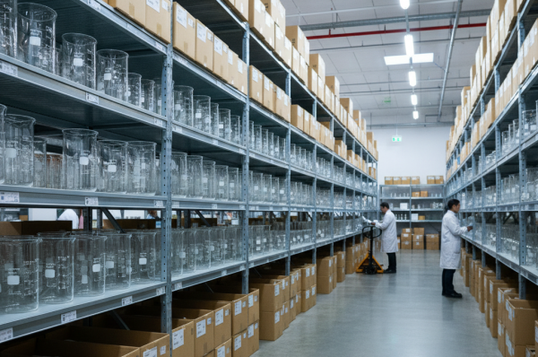 A large inventory of bulk lab beakers for schools organized on metal shelving in a professional warehouse.