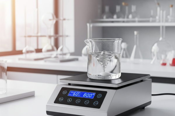 A digital magnetic stirrer with hot plate heating a glass beaker in a modern laboratory.
