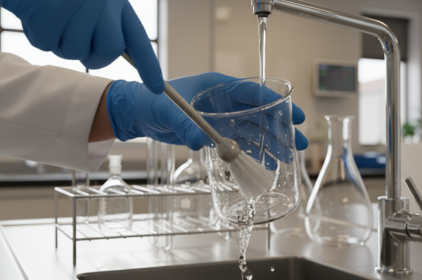 A laboratory technician wearing nitrile gloves demonstrates how to clean laboratory beakers safely in a sink.