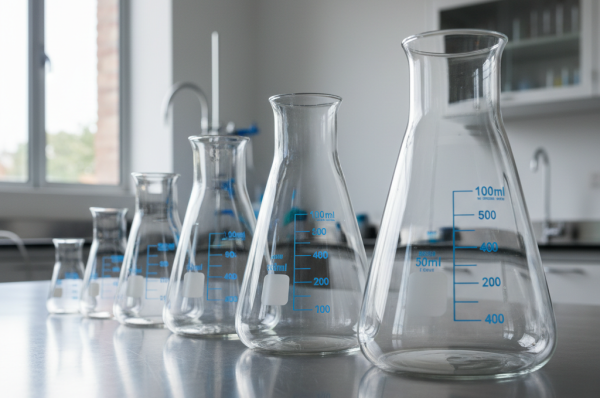 High-quality borosilicate lab beakers for sale arranged on a clean stainless steel laboratory workbench.