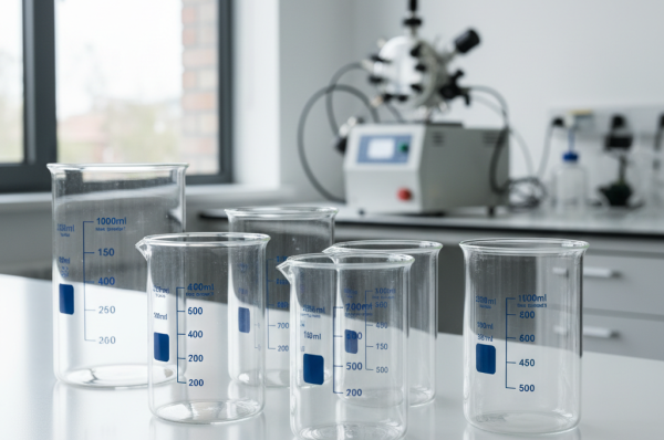 High-quality glass lab beakers durban on a professional laboratory workbench with soft lighting.