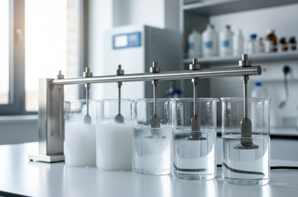 A professional laboratory jar test setup showing water treatment using coagulation and flocculation processes.