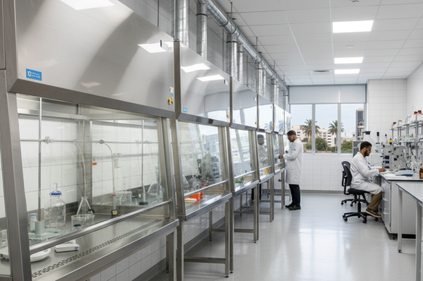 Modern industrial laboratory fume hoods Durban installation with reinforced glass sashes and ventilation.