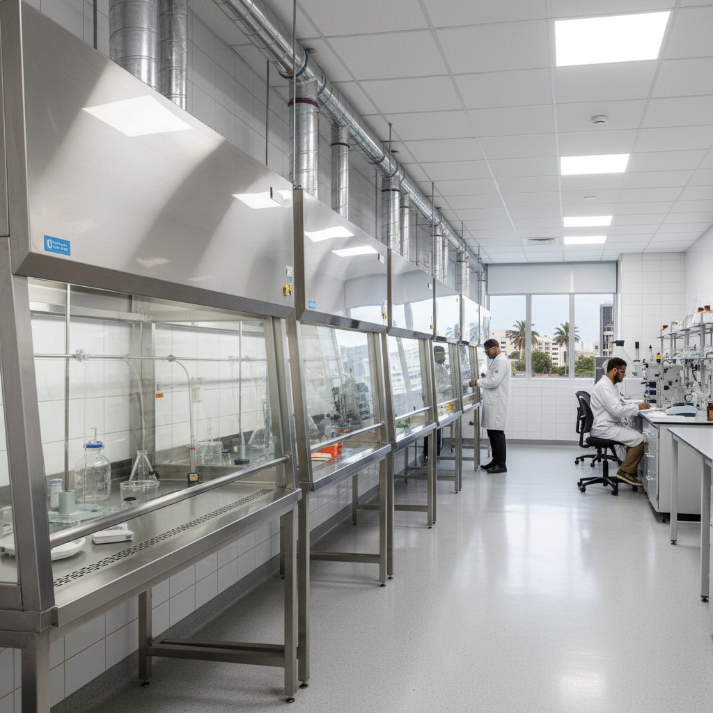 Modern industrial laboratory fume hoods Durban installation with reinforced glass sashes and ventilation.