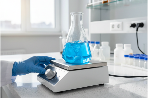 A laboratory professional adjusting a digital hotplate to show how does a magnetic stirrer work for mixing.
