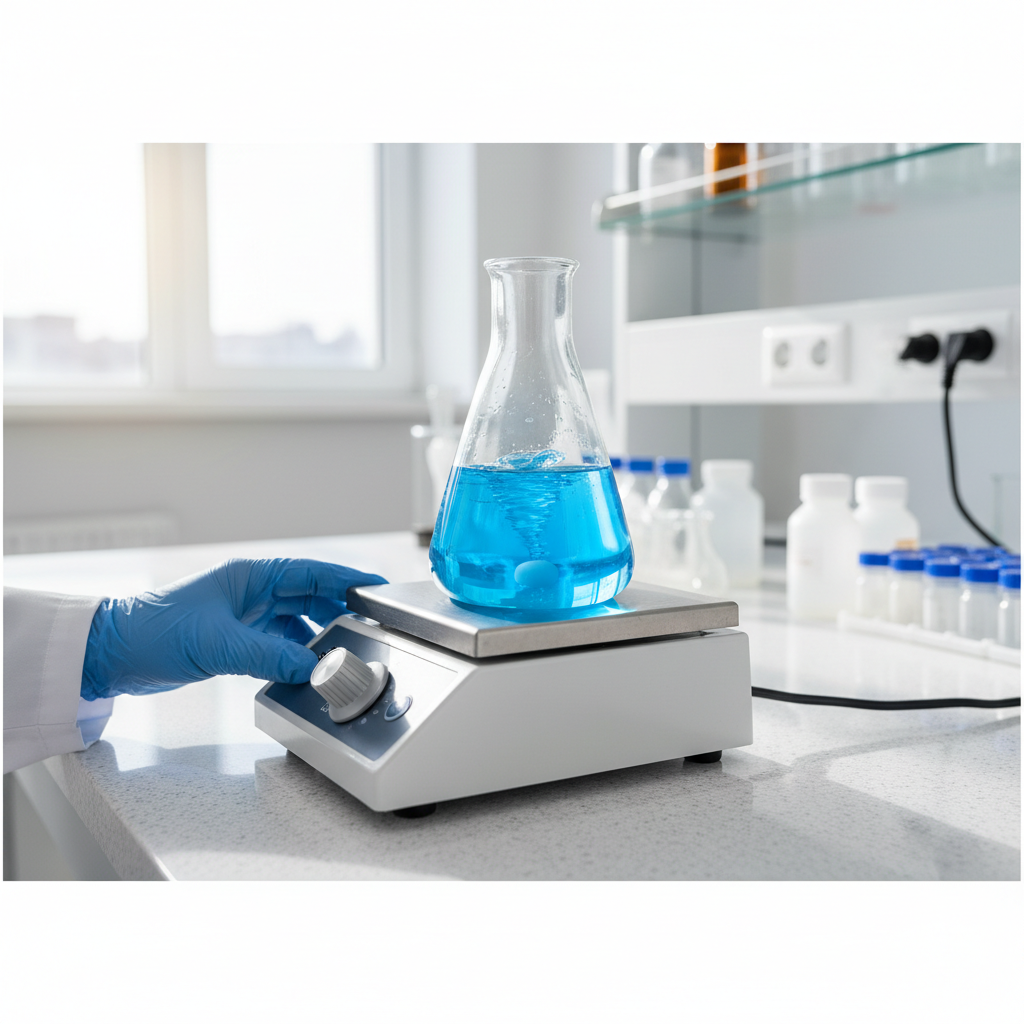 A laboratory professional adjusting a digital hotplate to show how does a magnetic stirrer work for mixing.