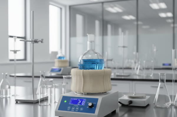 A modern workspace featuring premium laboratory heating mantles for sale with round-bottom flasks.