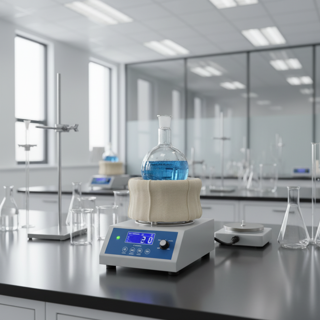 A modern workspace featuring premium laboratory heating mantles for sale with round-bottom flasks.