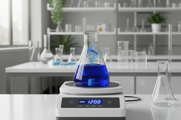 A laboratory professional using a high-quality magnetic stirrer for sale on a clean workbench.