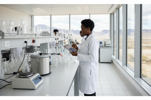 A laboratory manager reviewing inventory for scientific product sourcing for research labs in a modern facility.