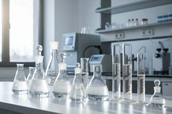 A collection of clear laboratory volumetric flasks and measuring cylinders Johannesburg on a clean white workbench.