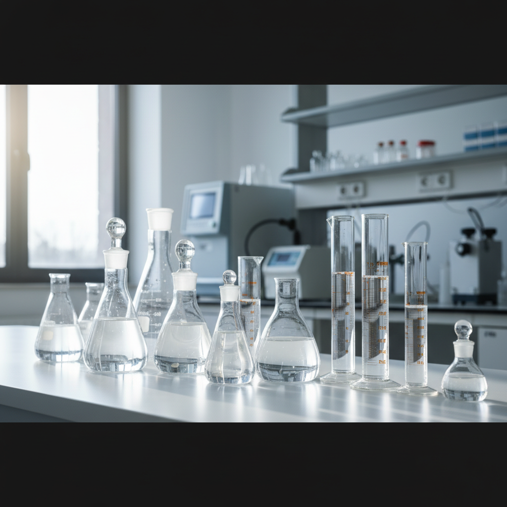 A collection of clear laboratory volumetric flasks and measuring cylinders Johannesburg on a clean white workbench.